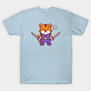 Cute Tiger Warrior Holding Sword Cartoon T-Shirt